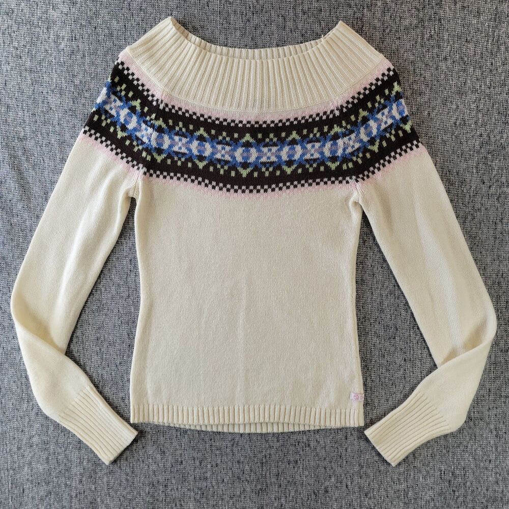 Vtg 90s Duck Head Fair Isle Knit Sweater Womens Small Off Shoulder Cream Cozy YT